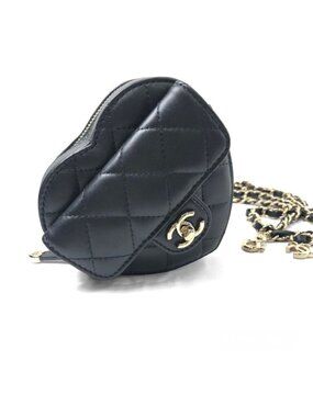 Chanel Heart Chain Wallet Quilted Lambskin Shoulder Bag Black Gold